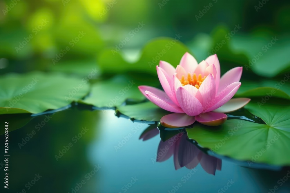 Delicate flower floats on calm water surface among lush green leaves, vegetation, peaceful, bloom Delicate flower floats on calm water surface among lush green leaves, vegetation, peaceful, bloom
