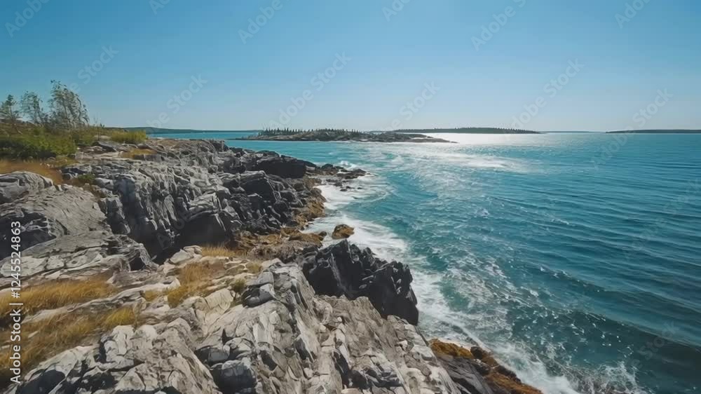 A breathtaking hike along coastal cliffs, with waves crashing against the rocks below and a panoramic view of the endless ocean A breathtaking hike along coastal cliffs, with waves crashing against the rocks below and a panoramic view of the endless ocean