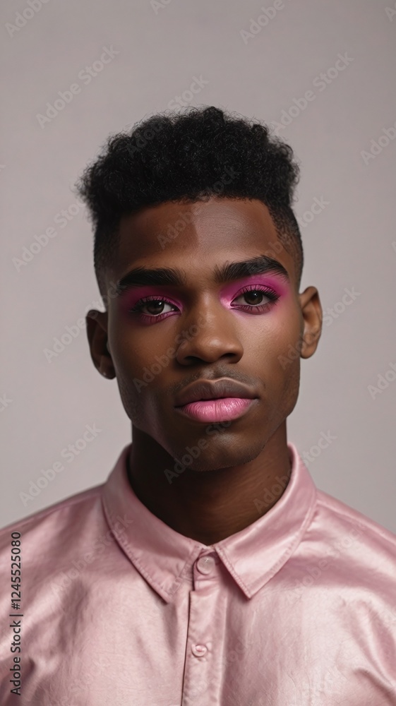 Obraz premium Male makeup look. close-up portrait half of black young man with pink eyeshadow make-up. black american feminine womanlike guy confidently looking at camera. models, beauty, fashion concept