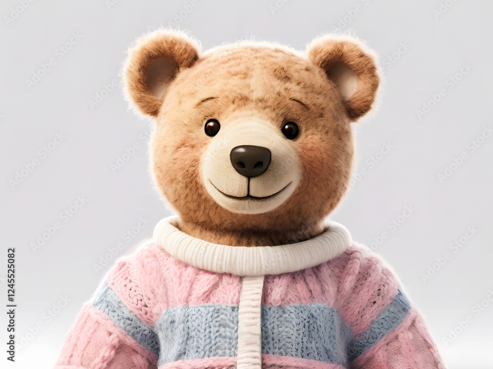 Obraz premium A charming teddy bear wearing a cozy knit sweater, sitting against a clean white background.