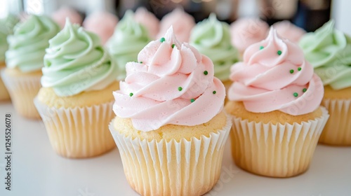 Pink and green frosted cupcakes on a table