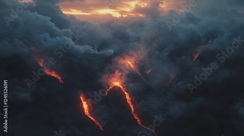 Wallpaper Mural Lava flow illuminating dark clouds, dramatic volcanic landscape showcasing nature's power, with space for text. Torontodigital.ca