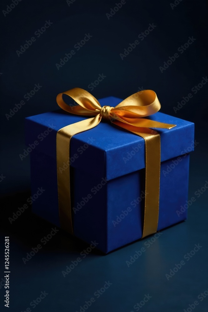 Dark blue velvet box with a golden ribbon tied at the top, dark background, gift box Dark blue velvet box with a golden ribbon tied at the top, dark background, gift box