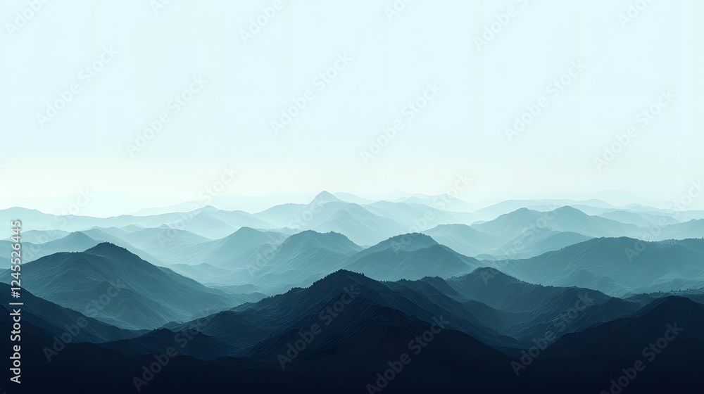 Fototapeta premium Misty mountain landscape with layers of rolling hills and majestic peaks reaching into the distance creating a peaceful and serene atmosphere of natural wonder and solitude