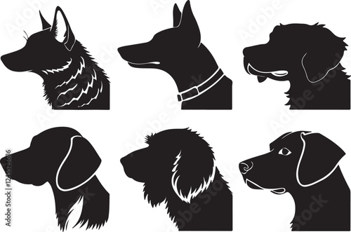 A set of dog head silhouettes, vector illustration isolated on a white background.