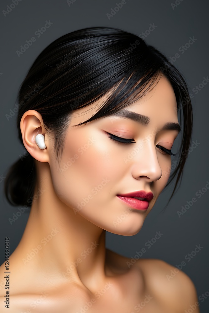 Obraz premium Woman Wearing Wireless Earbuds Closeup Studio Shot