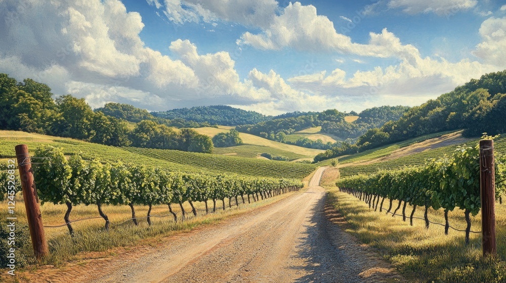 Fototapeta premium Picturesque vineyard landscape with rolling hills and a gravel road under a cloudy sky