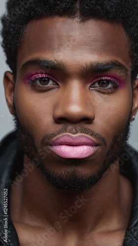 Male makeup look. close-up portrait half of black young man with pink eyeshadow make-up. black american feminine womanlike guy confidently looking at camera. models, beauty, fashion concept
