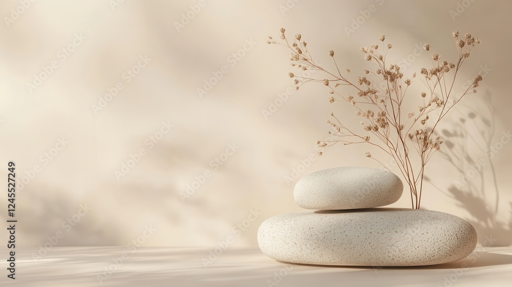 Abstract nature scene Stone podium composition and dry flower on beige brown background for cosmetic, beauty product branding, perfume, skin care and cosmetic backdrop. Copy space, front view Abstract nature scene Stone podium composition and dry flower on beige brown background for cosmetic, beauty product branding, perfume, skin care and cosmetic backdrop. Copy space, front view