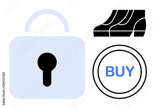 Large padlock, shopping bags, and a buy button emphasizing online shopping security. Ideal for e-commerce, purchase protection, secure transactions, internet safety, consumer security, cyber