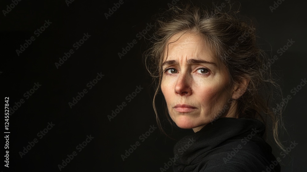 Fototapeta premium Psychological portrait against black backdrop, woman showing signs of emotional pain, muted colors, minimalist composition, dramatic side lighting, expressive face partially covered