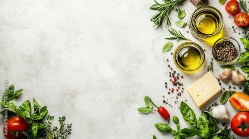 Fototapeta Naklejka Na Ścianę i Meble -  Frame of Italian food cooking ingredients background with fresh vegetables, herbs, spices olive oil and cheese on white stone table top view. Healthy eating