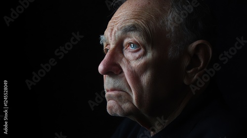 Dramatic portrait emphasizing psychological depth, natural pose showing distress, deep shadows, minimalist black background, rim light technique, contemporary documentary photography