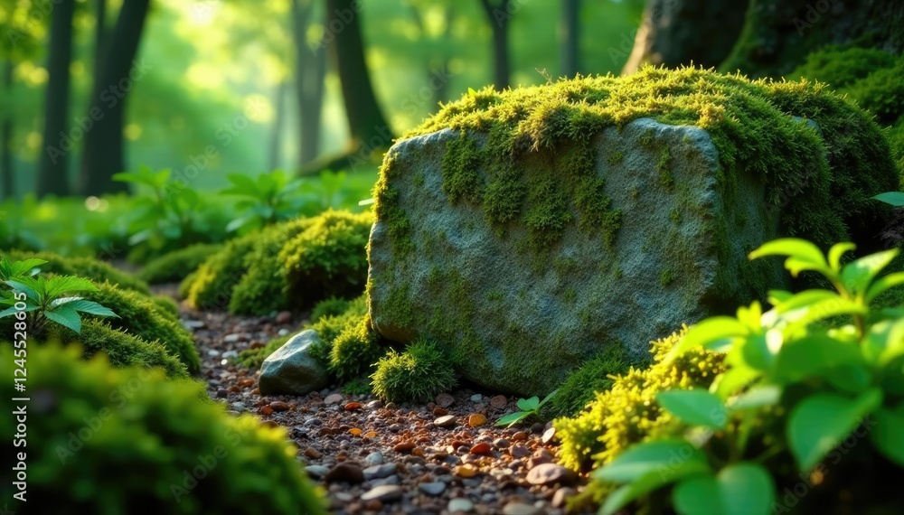 Obraz premium Ancient stone partially hidden by thick moss and ferns, ferns, forest floor, sunlight