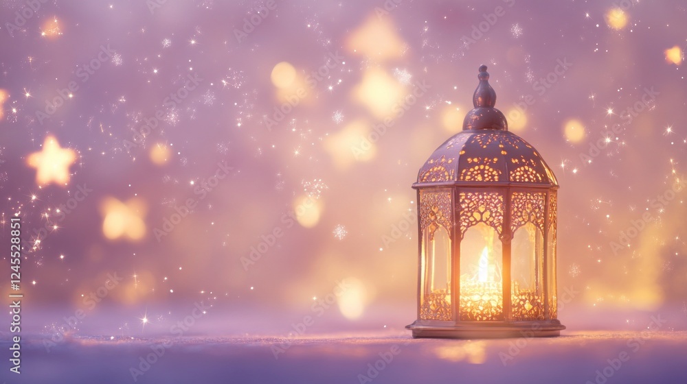 Ornate Ramadan Lantern with Mystical GlowDecorative Lantern with Candle and Bokeh Lights Ornate Ramadan Lantern with Mystical GlowDecorative Lantern with Candle and Bokeh Lights