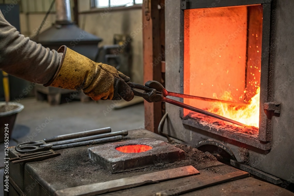 Worker use tongs to pick hot metal in furnace. Industrial metalworking process Worker use tongs to pick hot metal in furnace. Industrial metalworking process