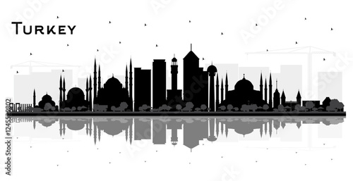 Turkey City Skyline Silhouette with Black Buildings Isolated on White. Tourism Concept with Historic Architecture. Turkey Cityscape with Landmarks. Izmir. Ankara. Istanbul.