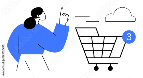 Woman pointing at shopping cart with three notifications near cloud icon. Ideal for e-commerce, online shopping, digital marketing, customer engagement, retail, notifications, internet usage. Line