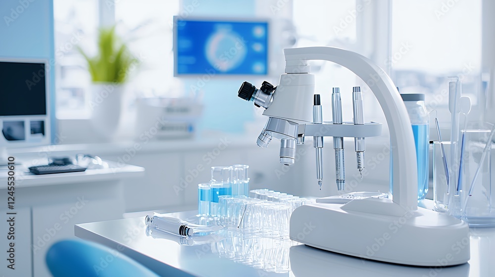 Modern Medical Laboratory with Microscope and Test Tubes Modern Medical Laboratory with Microscope and Test Tubes