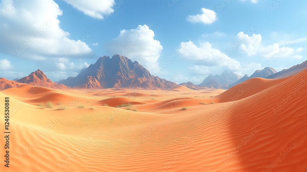 Naklejka premium Desert Landscape Featuring Rolling Sand Dunes and Mountains