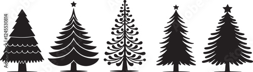 On a white background, a set of variant Christmas tree silhouettes vector illustration of flat Christmas tree icons.