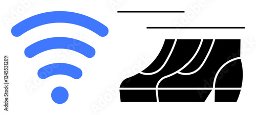 wireless signal in blue and stylized black machine gears. Ideal for technology, internet of things, automation, connectivity, engineering, communication, smart devices. Abstract line flat metaphor