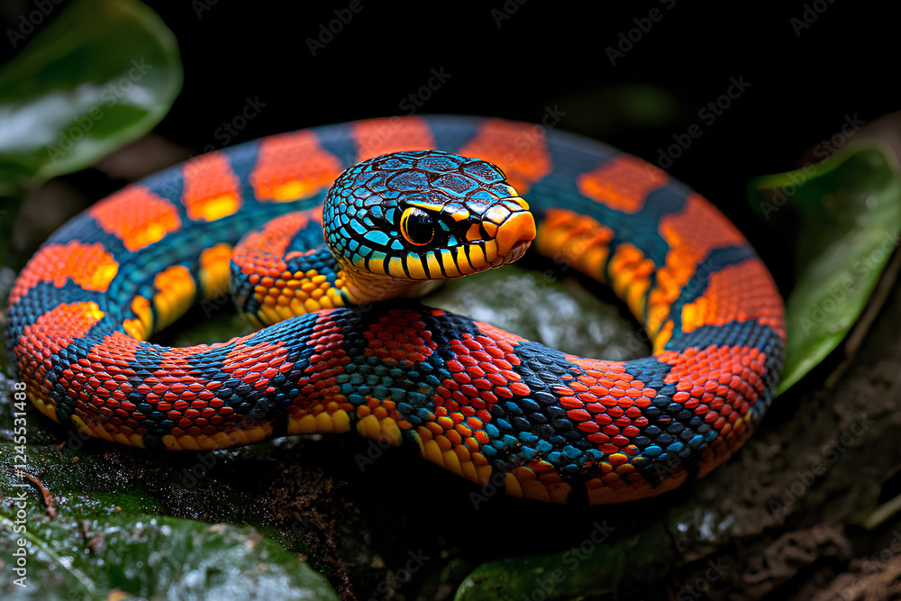Vibrant snake coiled in the lush rainforest of Costa Rica, showcasing the biodiversity and beauty of Central America's wildlife Vibrant snake coiled in the lush rainforest of Costa Rica, showcasing the biodiversity and beauty of Central America's wildlife