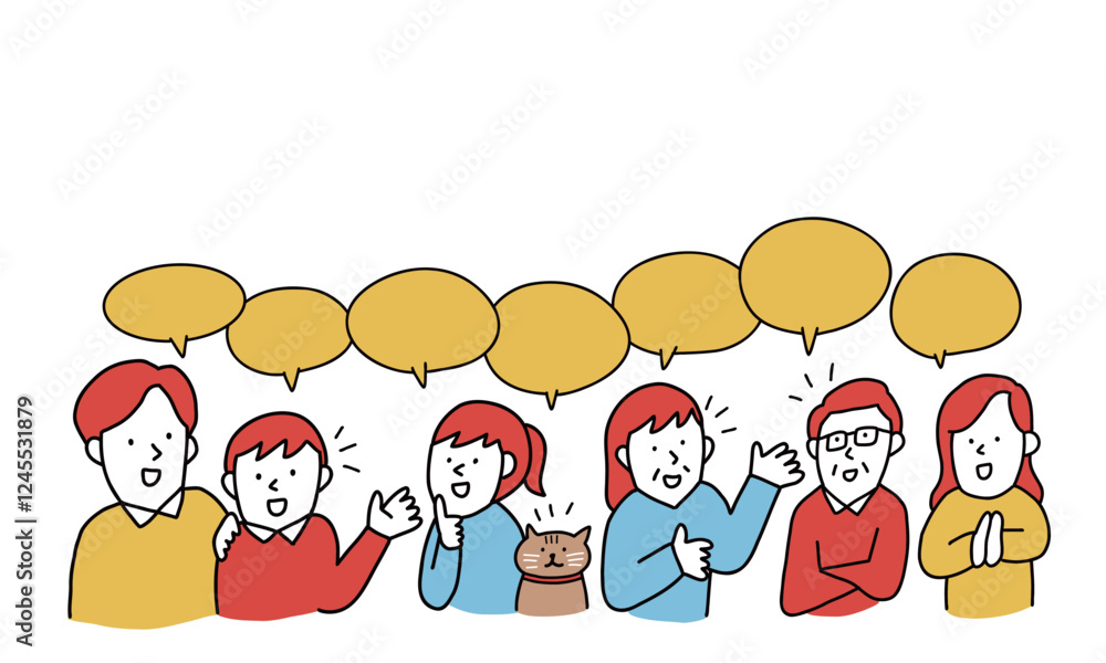 笑顔で会話する猫のいる家族　家族会議のイメージイラスト