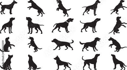 A variant style set of dog silhouette vector. Flat black color dog playing illustration design, dogs symbol isolated on a white background.
