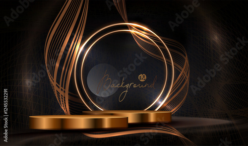 Composition with golden round frame and shiny podium, with small mesh pattern.