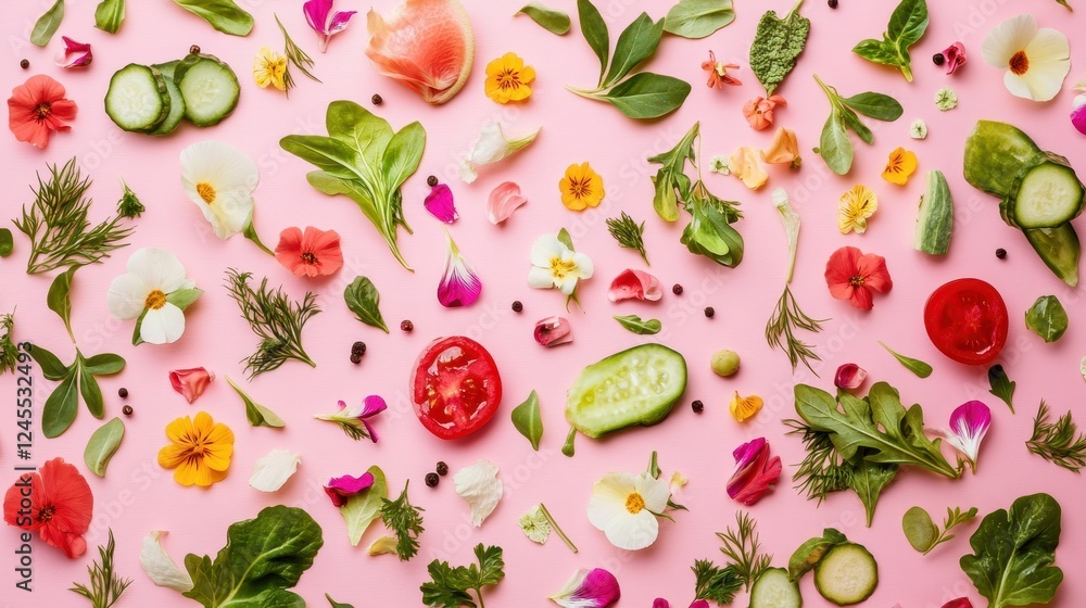 Fresh vegetable salad. Healthy food. Healthy eating concept. Salad on pink background. Top vie Fresh vegetable salad. Healthy food. Healthy eating concept. Salad on pink background. Top vie
