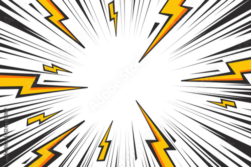 Comic cartoon background with lightning burst effect. Vector manga graphic with thunder power and abstract light effect. Energy explosion frame. Radial perspective monochrome motion lines.