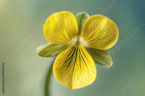 Detailed macro shot of a yellow viola flower (Viola odorata), showcasing its delicate petals and natural beauty photo