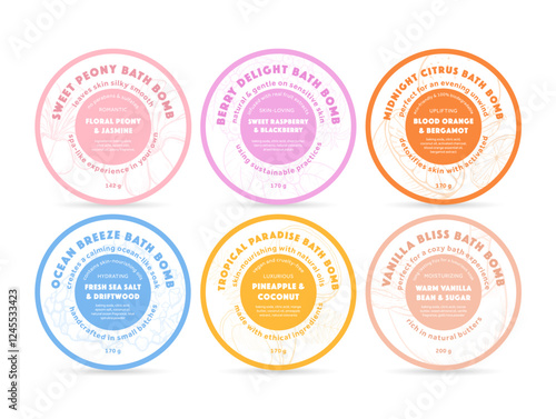 A collection of colorful bath bomb labels with unique scents and relaxing sensations for a pleasant bath experience.