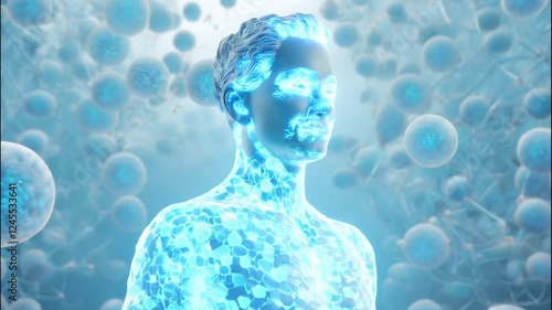 3D Animation of Stem cells floating around middle-aged man; images of regenerative medicine in which Stem cells in body glow and tissues throughout body are repaired and regenerated. Medical Illustrat