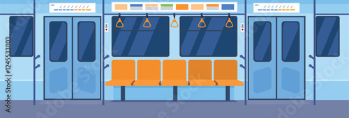 Interior of a subway car with orange seating and modern design elements in an urban transit system