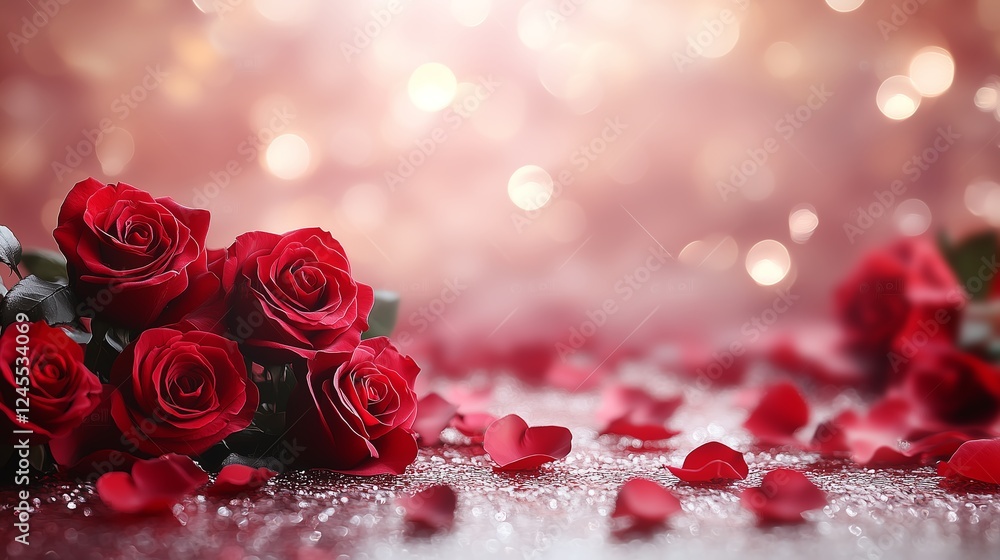 A beautiful arrangement of red roses with petals scattered on a shimmering surface. A beautiful arrangement of red roses with petals scattered on a shimmering surface.