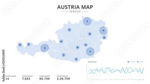 Service centers are highlighted within the of Austria Infographic map. Business Infographic Map of Austria. Vector Map of a Austria map. Easy to edit