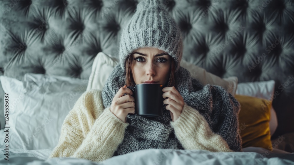 Close-up portrait woman experiencing cold symptoms, warm winter clothing, thick grey scarf, cream sweater, sitting upright in bed, white bedding, grey tufted headboard background, holding dark mug, Close-up portrait woman experiencing cold symptoms, warm winter clothing, thick grey scarf, cream sweater, sitting upright in bed, white bedding, grey tufted headboard background, holding dark mug,