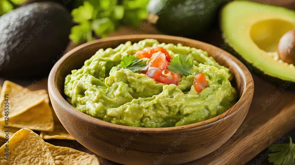Bowl of guacamole surrounded by fresh avocados on a wooden plate Bowl of guacamole surrounded by fresh avocados on a wooden plate