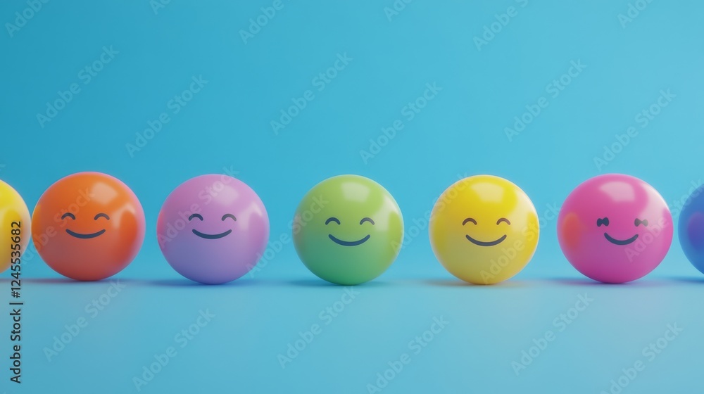 User experience rating visualization, 3D spherical emoji buttons, color spectrum satisfaction scale, subtle drop shadows, smooth plastic texture, simplified emotional indicators, professional User experience rating visualization, 3D spherical emoji buttons, color spectrum satisfaction scale, subtle drop shadows, smooth plastic texture, simplified emotional indicators, professional
