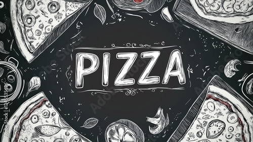 Pizza and slices in vintage line art illustrations on a chalkboard background
