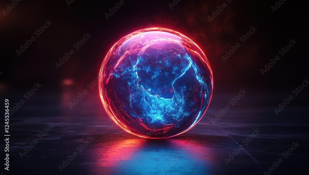 Futuristic glowing orb with swirling blue and red colors on dark reflective surface, ideal for science, technology, and abstract concepts in design Futuristic glowing orb with swirling blue and red colors on dark reflective surface, ideal for science, technology, and abstract concepts in design