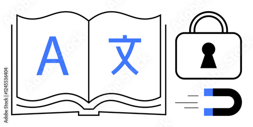 Open book displaying letters from different languages, alongside a padlock and a magnet. Ideal for themes thumbs up education, multilingualism, data security, attraction, translation, learning