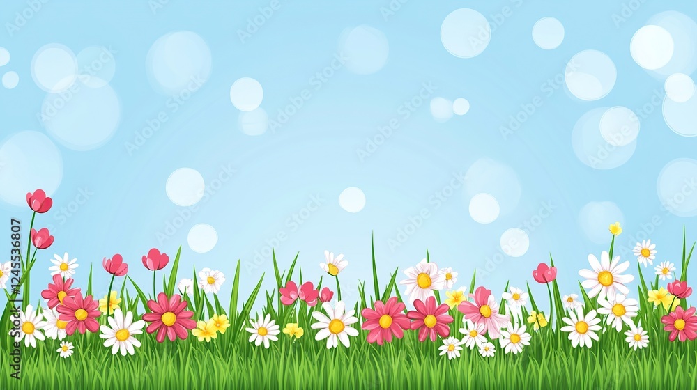 Spring flowers meadow, bokeh background, banner design