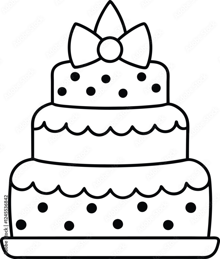 Black and White Birthday Cake Outline with Candle and Bow. Line art birthday cake icon, Set of silhouette birthday cake vector illustration Black and White Birthday Cake Outline with Candle and Bow. Line art birthday cake icon, Set of silhouette birthday cake vector illustration