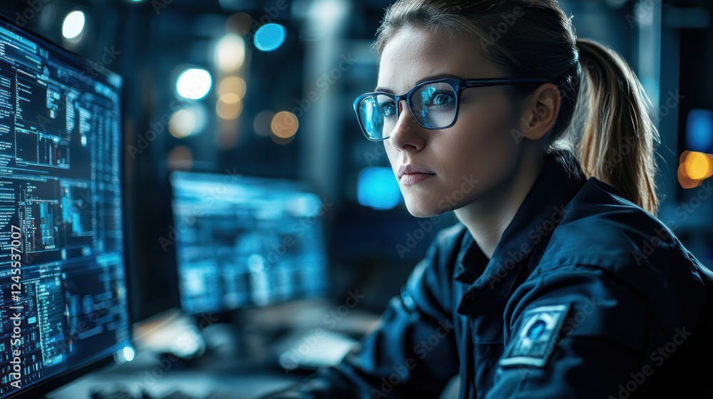 Focused female programmer analyzing code on computer screen at night. Focused female programmer analyzing code on computer screen at night.