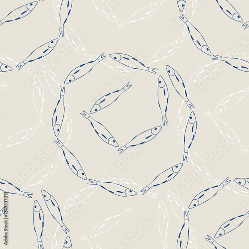 Fish swarm vector seamless pattern for wallpaper design, backgrounds, scrapbooking, wrapping, package. Cute flat illustration of sealife in retro vintage style. Fisherman aesthetic.