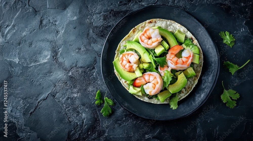Diet healthy tacos with shrimps and avocado on stone background. Top view Diet healthy tacos with shrimps and avocado on stone background. Top view