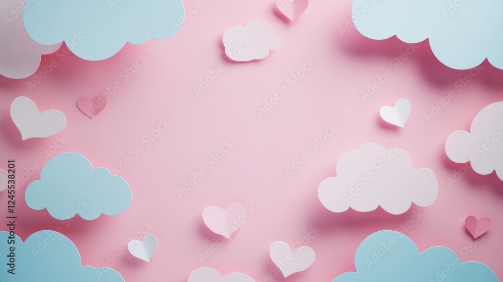 Whimsical Pastel Pink Banner with Clouds and Hearts on Sky Background Whimsical Pastel Pink Banner with Clouds and Hearts on Sky Background